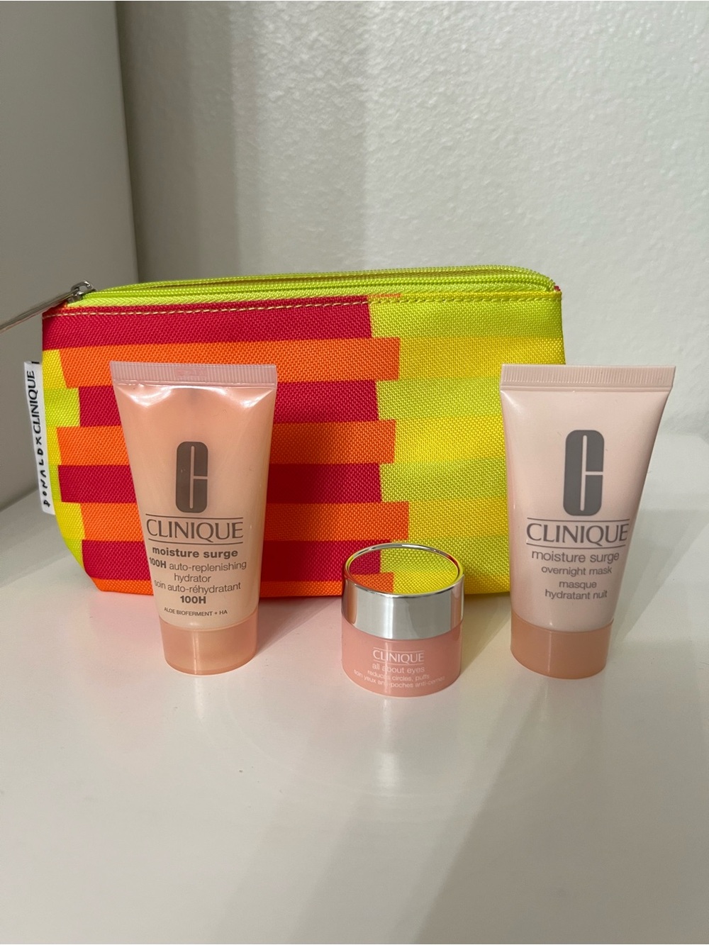 Clinique Moisture Set with Neon Yellow & Orange Stripe limited edition small bag